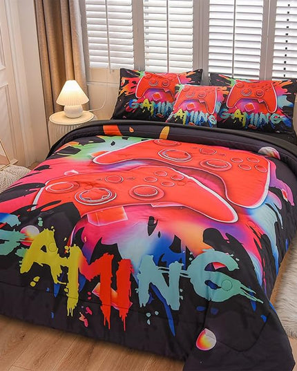 Aimuan Gaming Comforter Sets for Boys Kids Bedding Sets Video Games Console Action Buttons Novelty Colorful Game Gamepad Controller Modern Gamer Room Decor Home Quilt Set (Queen 6 Pcs,Black) - LeafyLoom