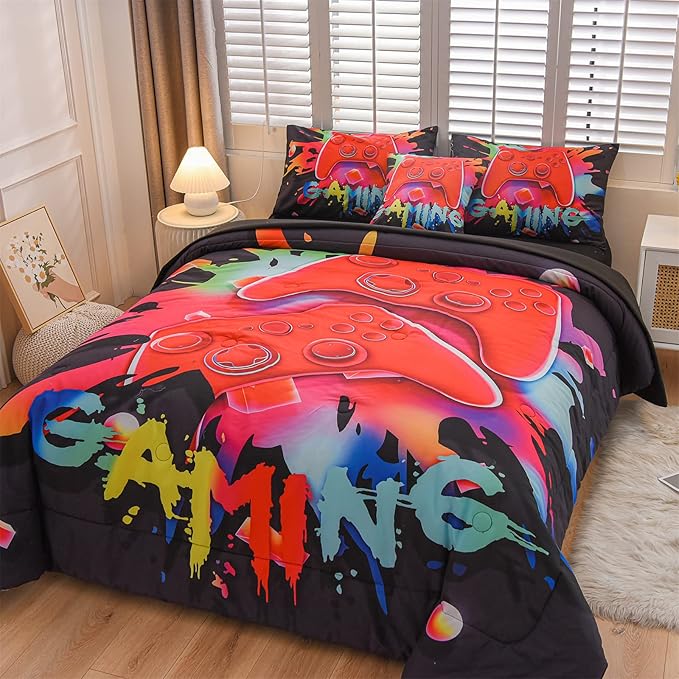 Aimuan Gamer Gaming Bedding Sets 3D Gamepad Comforter Sets for Boys Games Console Action Buttons Novelty Colorful Game Controller Modern Room Decor Home Quilt Set (Black, Full 6PCS) - LeafyLoom