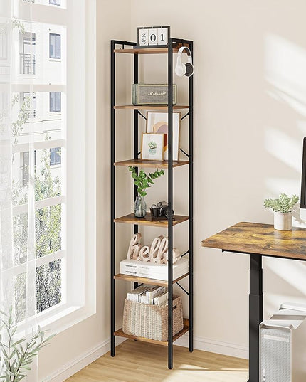 Bookshelf, Book Shelf, Industrial Bookcase with 2 Hooks, Coner Shelf Storage Organizer for Home Office, Living Room, Bedroom, Kitchen, 6-Tier Rustic Brown BC10701B - LeafyLoom