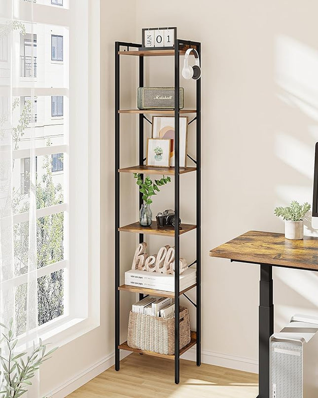 Bookshelf, Book Shelf, Industrial Bookcase with 2 Hooks, Coner Shelf Storage Organizer for Home Office, Living Room, Bedroom, Kitchen, 6-Tier Rustic Brown BC10701B - LeafyLoom