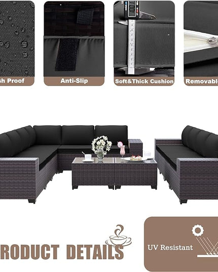 12PCS Patio Furniture Set Sofa Wicker Sectional Sofa Set, Outdoor Furniture Rattan Patio Conversation Set with Cushions and Glass Coffee Table, Black - LeafyLoom
