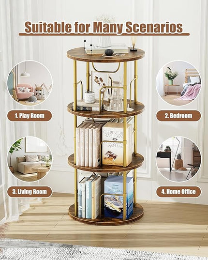 Rotating Bookshelf, 3 Tier Round Revolving Bookcase with Special Visible Partition Storage, 360° Display Spinning Bookshelf Tower Storage Organizer Rack for Bedroom, Living Room, Small Space, Gold - LeafyLoom