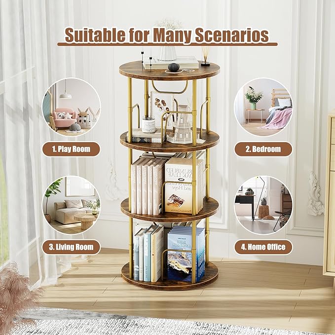 Rotating Bookshelf, 3 Tier Round Revolving Bookcase with Special Visible Partition Storage, 360° Display Spinning Bookshelf Tower Storage Organizer Rack for Bedroom, Living Room, Small Space, Gold - LeafyLoom