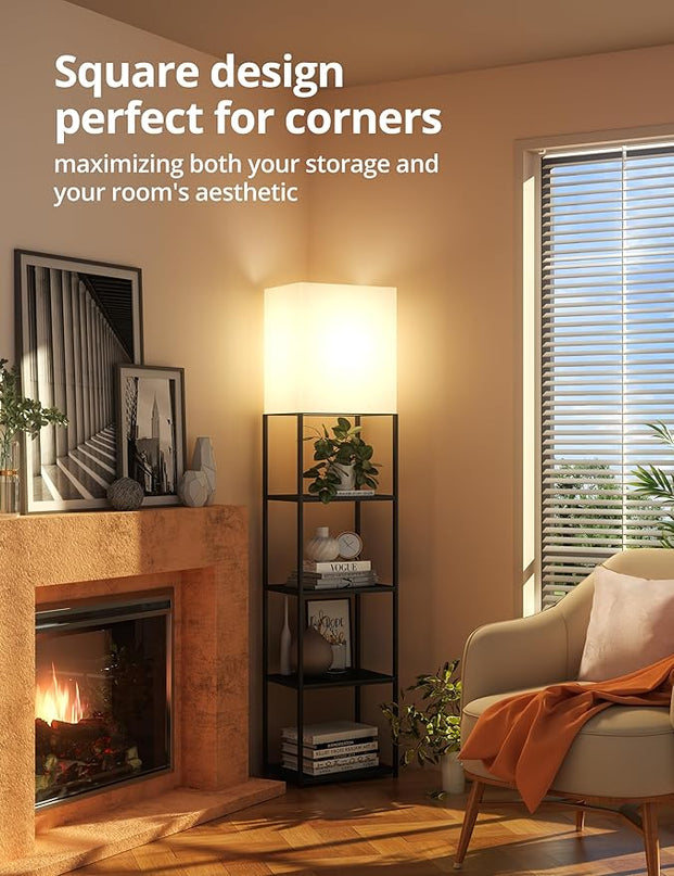 sympa Floor Lamp with Shelves, 5-Tier Floor Lamps for Living Room with 2 RGB Bulbs, APP Controlled, Pull Chain Switch, Modern Floor Lamp with White lampshade for Living Room, Bedroom and Office - LeafyLoom