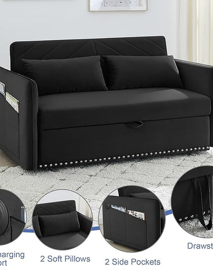 New Model 3-in-1 Sleeper USB Port Adjustable Velvet Convertible Sofa with Pull Out Bed, 2 Pillows & Side Pocket – Ideal for Living Room and Bedroom, Black - LeafyLoom