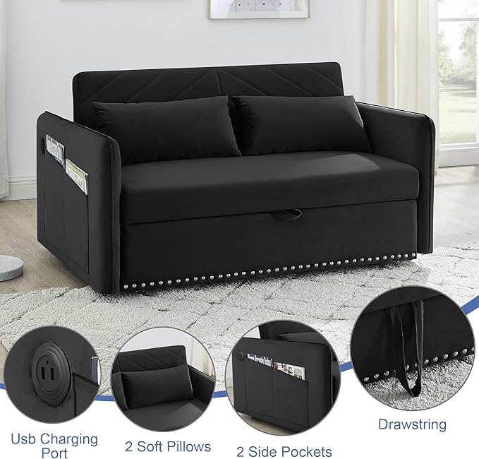 New Model 3-in-1 Sleeper USB Port Adjustable Velvet Convertible Sofa with Pull Out Bed, 2 Pillows & Side Pocket – Ideal for Living Room and Bedroom, Black - LeafyLoom
