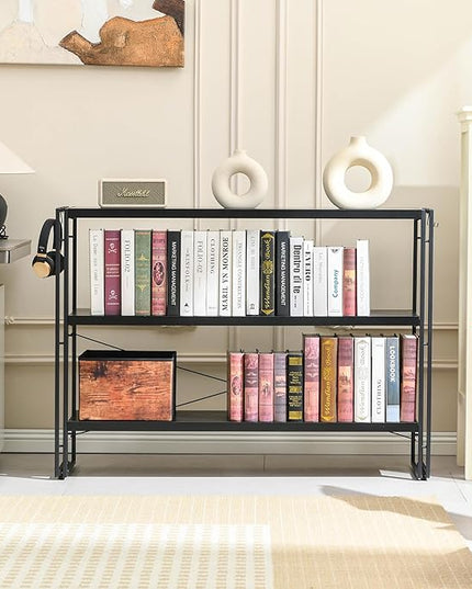 HCHQHS Bookshelf, 3-Tier Industrial Bookcase, Black Open Book Shelf, Freestanding Horizontal Bookshelves with Metal Frame - LeafyLoom