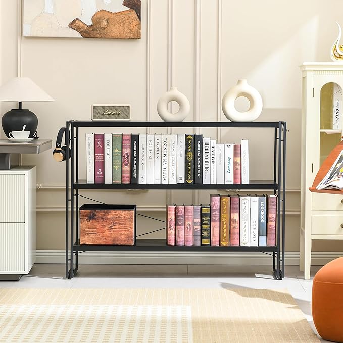 HCHQHS Bookshelf, 3-Tier Industrial Bookcase, Black Open Book Shelf, Freestanding Horizontal Bookshelves with Metal Frame - LeafyLoom