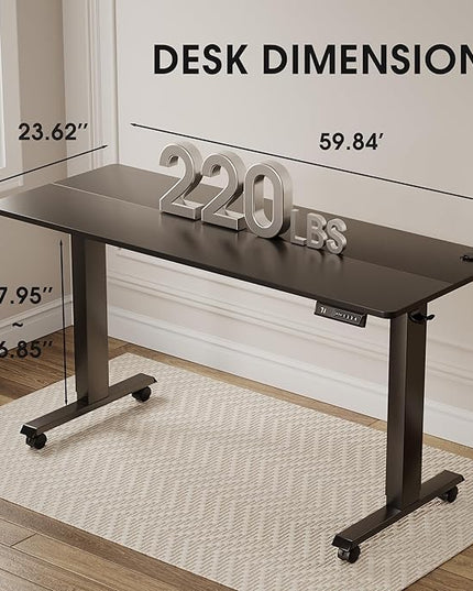 Electric Standing Desk 60 Inch, Ergonomic Height Adjustable Table with T-Shaped Metal Bracket Modern Computer Workstations for Home Office, Black - LeafyLoom