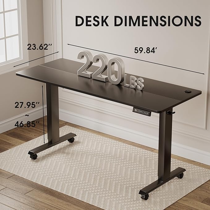 Electric Standing Desk 60 Inch, Ergonomic Height Adjustable Table with T-Shaped Metal Bracket Modern Computer Workstations for Home Office, Black - LeafyLoom