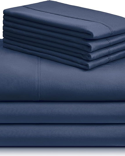 LuxClub 7 PC Split King Sheet Set, Breathable Luxury Bed Sheets, Deep Pockets 18" Eco Friendly Wrinkle Free Cooling Sheets Machine Washable Hotel Bedding Silky Soft - Navy Split King - LeafyLoom