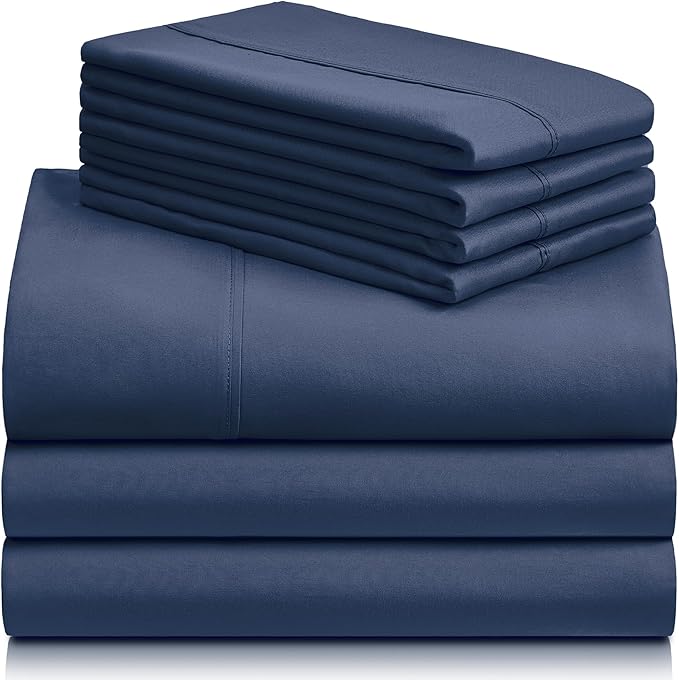 LuxClub 7 PC Split King Sheet Set, Breathable Luxury Bed Sheets, Deep Pockets 18" Eco Friendly Wrinkle Free Cooling Sheets Machine Washable Hotel Bedding Silky Soft - Navy Split King - LeafyLoom