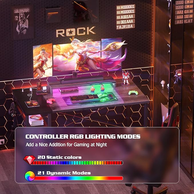 armocity Computer Desk with LED, Gaming Desk with Outlets, 40 Reversible Laptop Table with Monitor Stand, Small Desk for Small Spaces, Grey/Black - LeafyLoom