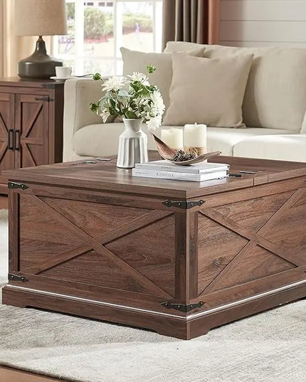 Farmhouse Square Coffee Table with Storage, Wood Center Table with Hinged Lift Top, Rustic Cocktail Table with Large Hidden Storage Compartment for Living Room, Bedroom,Brown - LeafyLoom