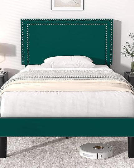 VECELO Twin Size Platform Bed Frame with Height Adjustable Upholstered Headboard, Modern Mattress Foundation,Strong Wood Slat Support, No Box Spring Needed, Easy Assembly - LeafyLoom