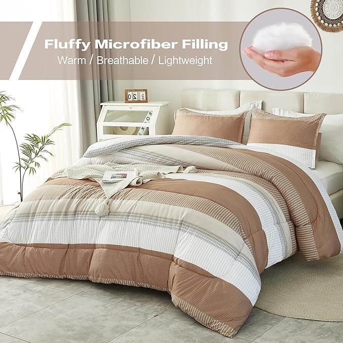 Litanika Full Size Comforter Sets Beige, 3 Pieces Lightweight Taupe Khaki White Colorblock Stripe Fluffy Bedding Comforter Sets, All Season Bed Set - LeafyLoom