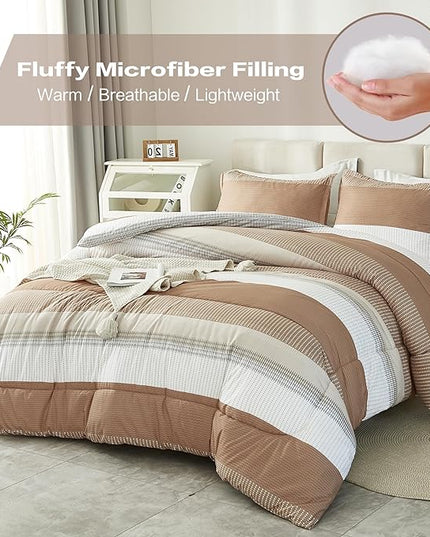 Litanika Beige King Size Comforter Set - 3 Pieces Lightweight Taupe Khaki White Colorblock Stripe Fluffy Bedding Comforter Sets, All Season Bed Set - LeafyLoom