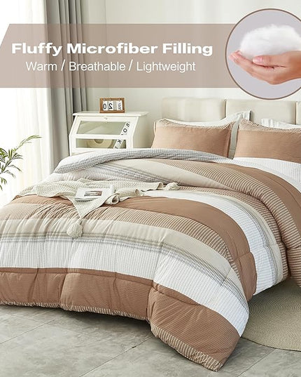 Litanika Queen Comforter Set Beige - 3 Pieces Lightweight Taupe Khaki White Colorblock Stripe Fluffy Bedding Comforter Sets, All Season Bed Set - LeafyLoom