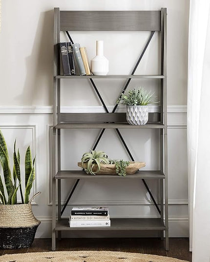 Walker Edison X Back Modern Farmhouse Wood Bookcase Bookshelf Home Office Living Room Storage, 4 Shelves, Grey - LeafyLoom