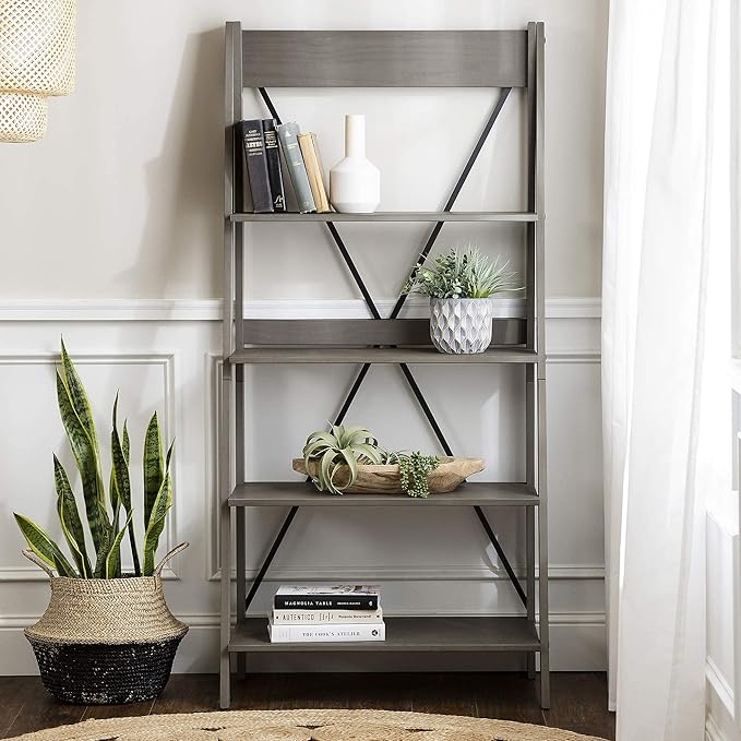 Walker Edison X Back Modern Farmhouse Wood Bookcase Bookshelf Home Office Living Room Storage, 4 Shelves, Grey - LeafyLoom