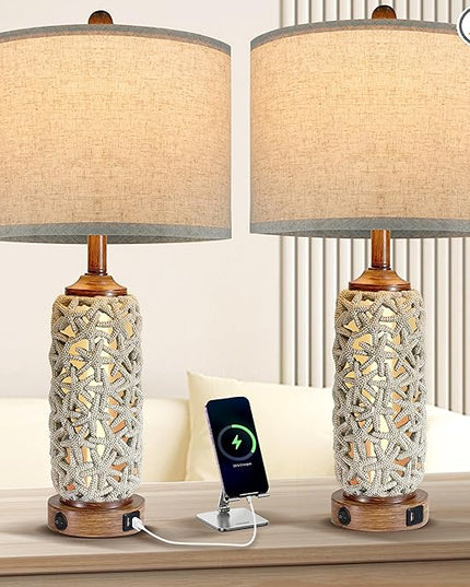 Coastal Nautical Lamp Farmhouse Table Lamps for Living Room Bedroom， Bedside Lamp with Dual USB Port，26.5'' Tall Nightstand Lamps(2 Bulb Included) - LeafyLoom