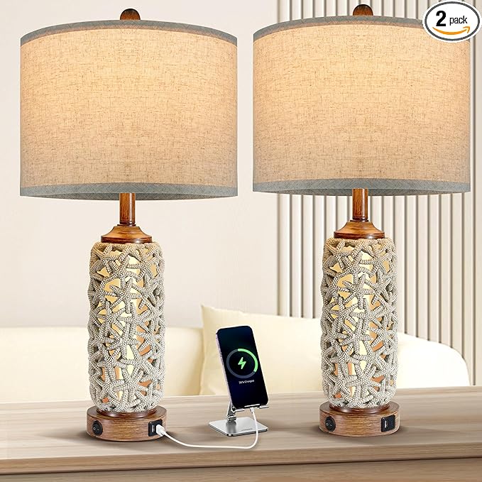 Coastal Nautical Lamp Farmhouse Table Lamps for Living Room Bedroom， Bedside Lamp with Dual USB Port，26.5'' Tall Nightstand Lamps(2 Bulb Included) - LeafyLoom