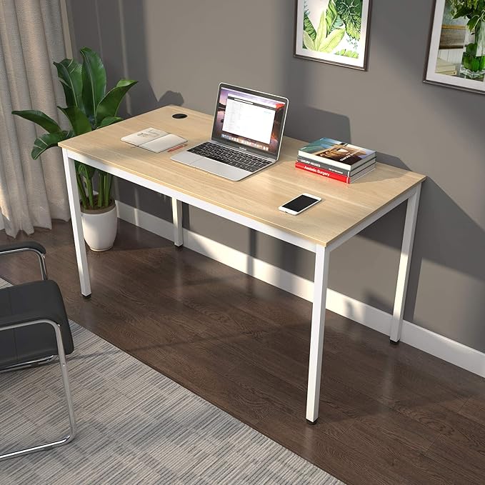It's_Organized Computer Desk 47 Inch Home Office Study Writing Desk,Modern Simple Laptop Computer Table, Easy Assembly, Industrial Style, White Metal Frame,Wood Grain - LeafyLoom