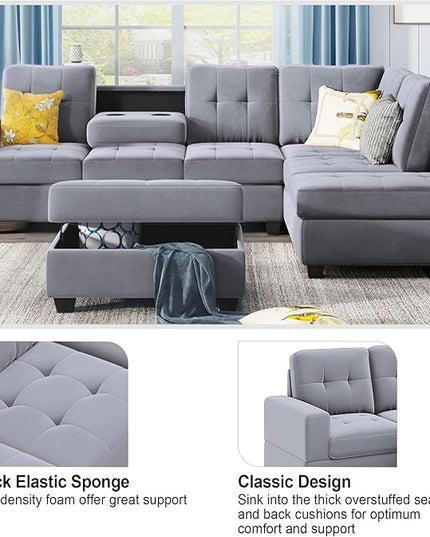 104" Modern L-Shape Sectional Sofa with Reversible Chaise &Storage Ottoman, Velvet Upholstered Couch w/Cup Holder, for Living Room, Apartment, 104 Inch, Gray - LeafyLoom