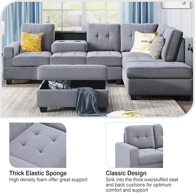 104" Modern L-Shape Sectional Sofa with Reversible Chaise &Storage Ottoman, Velvet Upholstered Couch w/Cup Holder, for Living Room, Apartment, 104 Inch, Gray - LeafyLoom