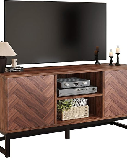 YITAHOME TV Cabinet for 55 Inch TV, Mid Century Modern TV Stand with Storage Cabinet & Adjustable Shelf, Entertainment Cabinet Media TV Console with Natural Oak Finish for Living Room, Walnut - LeafyLoom
