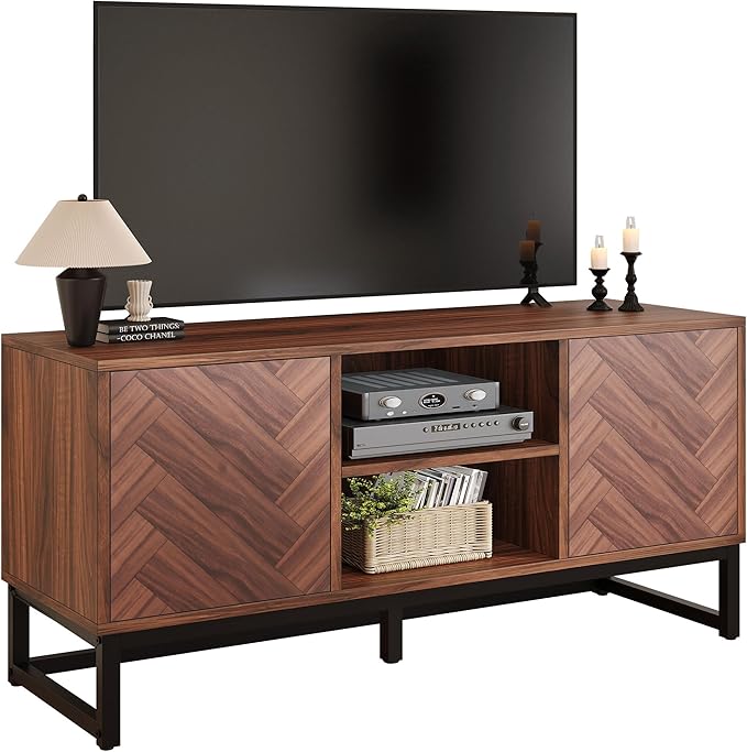 YITAHOME TV Cabinet for 55 Inch TV, Mid Century Modern TV Stand with Storage Cabinet & Adjustable Shelf, Entertainment Cabinet Media TV Console with Natural Oak Finish for Living Room, Walnut - LeafyLoom