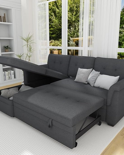 LOVMOR L-Shape Reversible Linen Fabric Sleeper Sectional Sofa with Storage Chaise, Dark Gray Corner Couch with Arms for Living Room, Home Furniture, Apartment, Dorm, 84 Inch - LeafyLoom