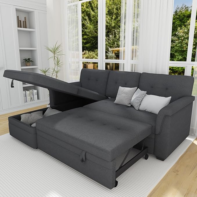 LOVMOR L-Shape Reversible Linen Fabric Sleeper Sectional Sofa with Storage Chaise, Dark Gray Corner Couch with Arms for Living Room, Home Furniture, Apartment, Dorm, 84 Inch - LeafyLoom