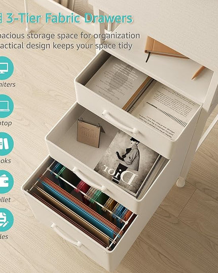 Lufeiya White Computer Desk with File Drawers Cabinet, 55 Inch Home Office Desk with Monitor Stand Shelves, Writing Study Gaming Desks with Led Light Power Outlets for Bedroom, White - LeafyLoom