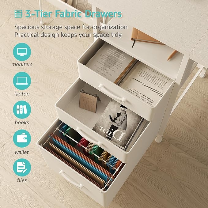 Lufeiya White Computer Desk with File Drawers Cabinet, 55 Inch Home Office Desk with Monitor Stand Shelves, Writing Study Gaming Desks with Led Light Power Outlets for Bedroom, White - LeafyLoom