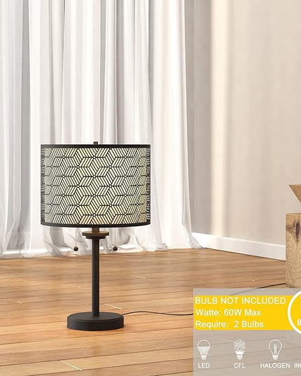 Inlight 23" High Double Shade Pull Chain Modern Table Lamp, Black Metal Frame and White Fabric Shade, Bulb Not Included, IN-0807-2-BK - LeafyLoom