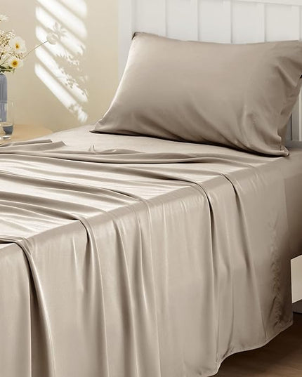 Bedsure Twin XL Sheet Set Dorm Bedding, Cooling Sheets Twin Extra Long Sheets, Rayon Derived from Bamboo, Deep Pocket Up to 16", Hotel Luxury Silky Bedding Sheets & Pillowcases, Simply Taupe - LeafyLoom