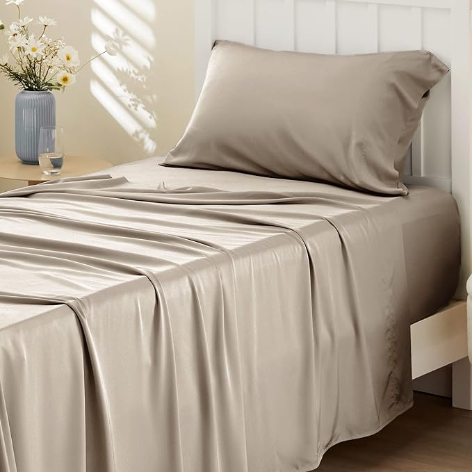 Bedsure Twin XL Sheet Set Dorm Bedding, Cooling Sheets Twin Extra Long Sheets, Rayon Derived from Bamboo, Deep Pocket Up to 16", Hotel Luxury Silky Bedding Sheets & Pillowcases, Simply Taupe - LeafyLoom