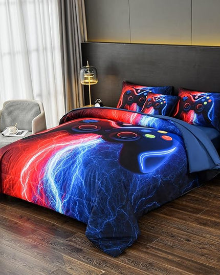 DORCAS Gamer Comforter Sets with Sheets for Boys,Twin Size Gamer Bedding Sets Boys,6 Pieces Lightning Gaming Comforter Set for Boys Kids Teens (Red&Blue, Twin) - LeafyLoom