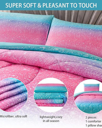JQinHome Twin Glitter Comforter Sets for Girls, 3D Colorful Duvet Pink Rainbow Themed Bedding, All-Season Reversible Quilted Duvet, for Girls Teen Women - includes 1 Comforter, 1 Pillowcase - LeafyLoom
