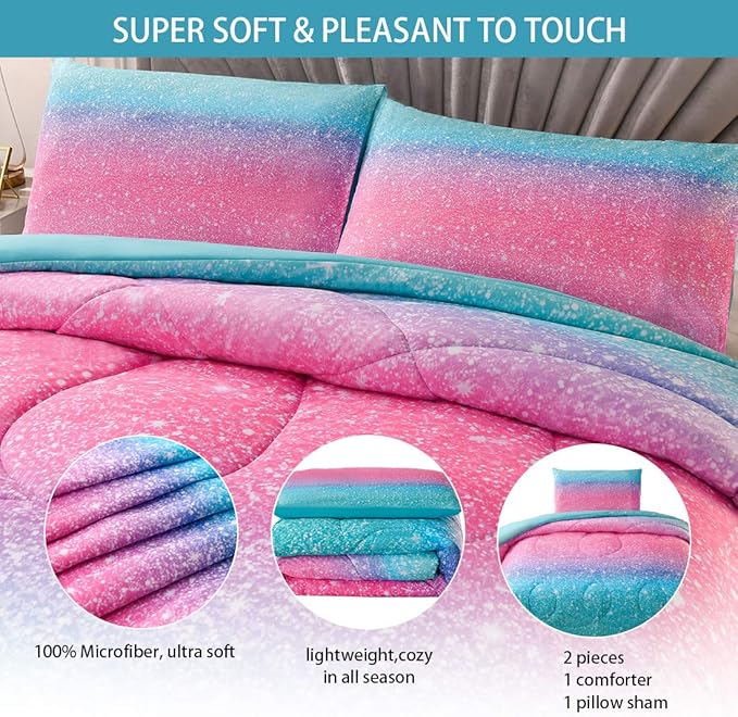 JQinHome Twin Glitter Comforter Sets for Girls, 3D Colorful Duvet Pink Rainbow Themed Bedding, All-Season Reversible Quilted Duvet, for Girls Teen Women - includes 1 Comforter, 1 Pillowcase - LeafyLoom