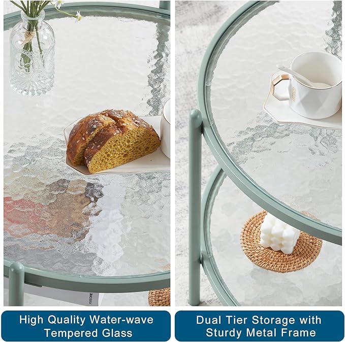 VINGLI 25.6" Small Light Bright Green Round Coffee Table Water-Wave Glass Circle Clear Center Coffee Table with 2-Tier Modern Storage Design for Living Room, Bedroom, Meeting Room, Balcony, Patio - LeafyLoom
