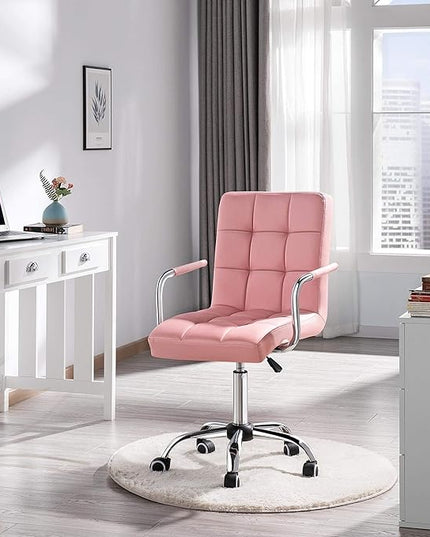 Yaheetech Desk Chairs with Wheels/Armrests Modern PU Leather Office Chair Height Adjustable Home Computer Executive Chair on Wheels 360° Swivel - Pink - LeafyLoom