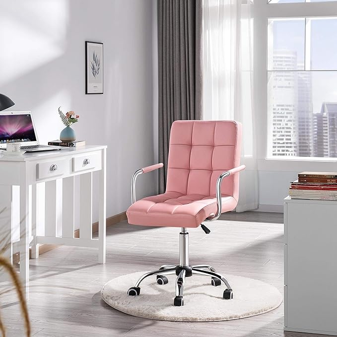 Yaheetech Desk Chairs with Wheels/Armrests Modern PU Leather Office Chair Height Adjustable Home Computer Executive Chair on Wheels 360° Swivel - Pink - LeafyLoom