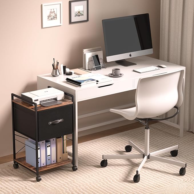 VECELO Vertical Filing Cabinet Set of 2, Rolling Printer Shelf with Handle, Suitable for Letter Size, Sturdy Steel Frame and Folding Fabric Drawer for Living Room/Bedroom/Hallway, Brown+Black - LeafyLoom