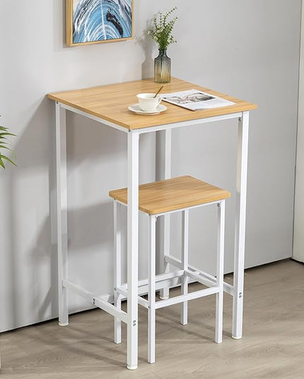 Finnhomy Bar Table, 23.6" Pub Table High Top Table, Square Bar Height Table, Counter Height Cocktail Table, Small Kitchen Table Set for 2, Breakfast for Kitchen, Living Room, Oak Beige and White - LeafyLoom