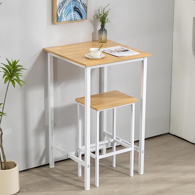 Finnhomy Bar Table, 23.6" Pub Table High Top Table, Square Bar Height Table, Counter Height Cocktail Table, Small Kitchen Table Set for 2, Breakfast for Kitchen, Living Room, Oak Beige and White - LeafyLoom