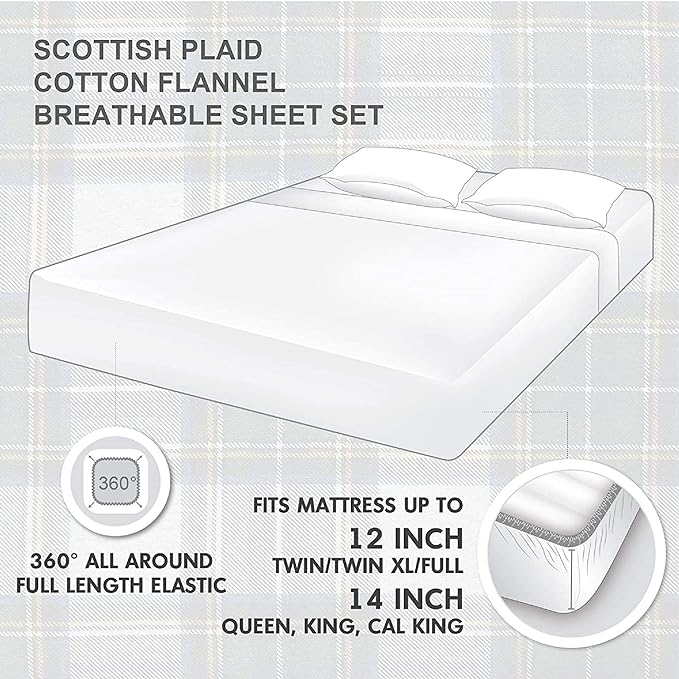 Comfort Spaces Cotton Flannel Breathable Warm Deep Pocket Sheets With Pillow Case Bedding, Twin, Scottish Plaid Blue, 3 Piece - LeafyLoom
