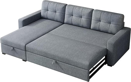 Upholstered Pull Out Sectional Sofa with Storage Chaise,Convertible Linen Corner Couch w/ 3 Movable Back Cushions,L-shaped Reversible Sleeper Sofa Bed,for Living Room Apartment,Light Grey - LeafyLoom