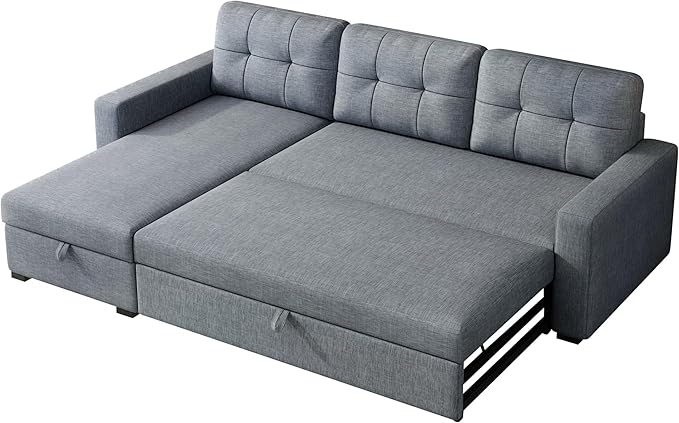 Upholstered Pull Out Sectional Sofa with Storage Chaise,Convertible Linen Corner Couch w/ 3 Movable Back Cushions,L-shaped Reversible Sleeper Sofa Bed,for Living Room Apartment,Light Grey - LeafyLoom